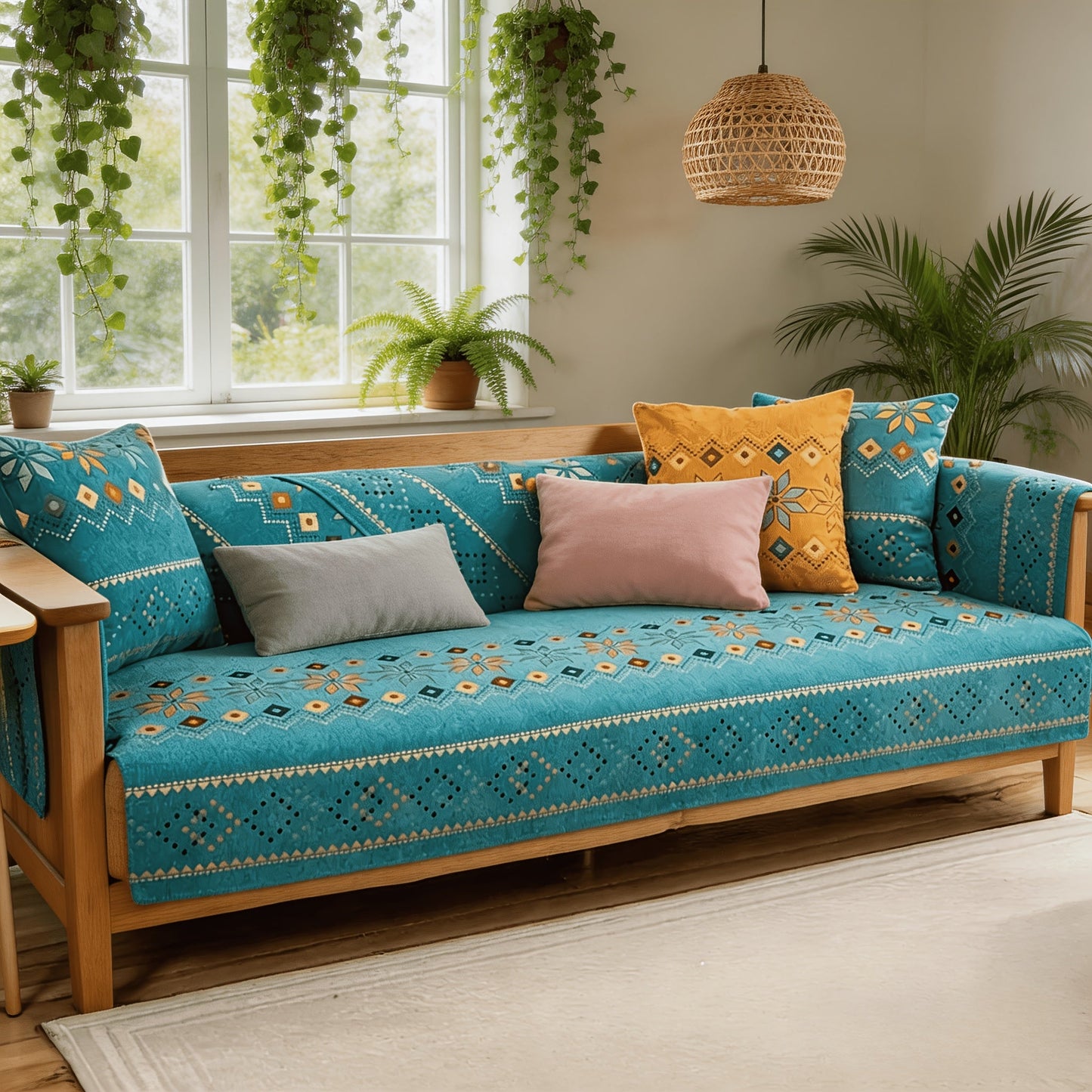 Chenille Sofa Cover Bohemian Style 1pc - Ethnic Pattern Anti-Slip Cat Scratch Resistant Skin-Friendly Couch Slipcover | 2 3 4 Seat Sizes White Green | Living Room Bedroom Office Sofa Cushion Cover Home Decor