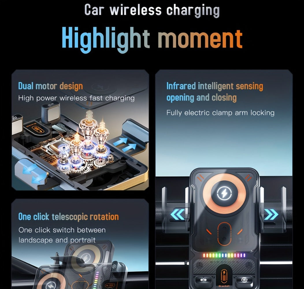 Car Wireless Charger 15W Auto-Align Smart Sensor FOD Detection Auto-Sensing Infrared Clamp 4mm Case Friendly Rotating Air Vent Mount for iPhone 17 16 15 14 Pro Max, Samsung Galaxy S24 S23 & All Qi Devices – Wired Backup Included