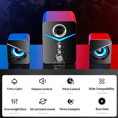 USB Powered Computer Speakers with Subwoofer, 3.5mm Aux Wired Desktop PC Laptop Speaker System, Dual 2" Tweeter + 3" Subwoofer, 10W Stereo Sound for Gaming Home Office
