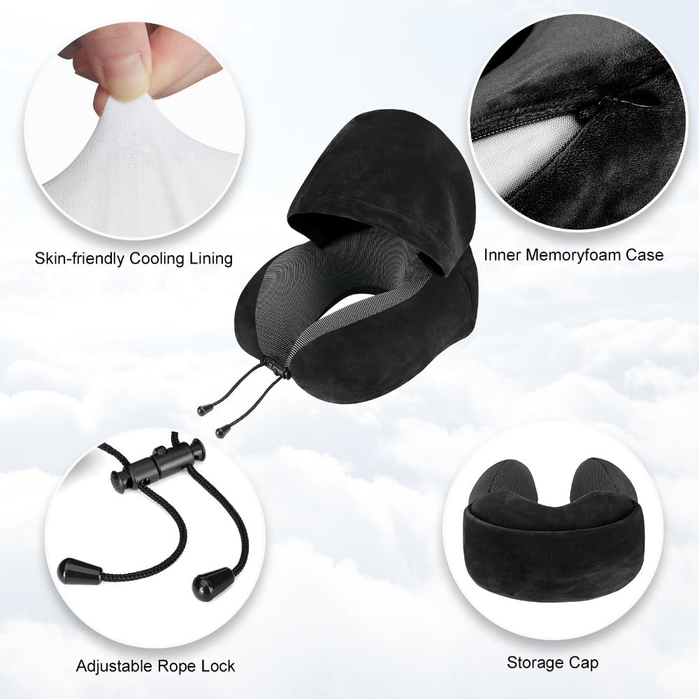 Travel Neck Pillow U-Shaped with Eye Mask Adjustable Portable Ergonomic Neck Support Soft Washable Cover for Airplane Car Home Office Napping Pink Blue Black Grey