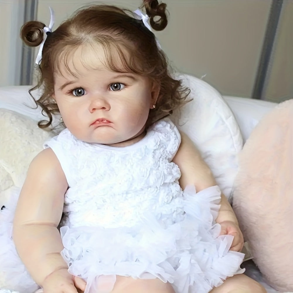 Reborn Baby Doll 24-Inch Cloth Body with Vinyl Limbs, Rooted Brown Hair, Acrylic Eyes and White Outfit Set