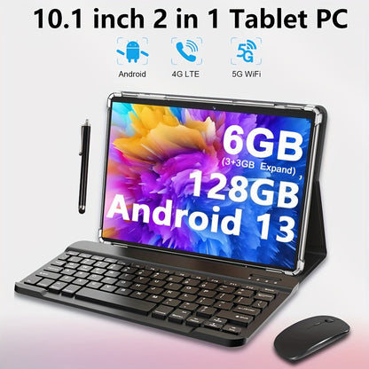 Tablet with Keyboard 10 Inch Android, 6GB RAM 128GB ROM 1TB Expandable, 5G/2.4G Dual-Band Wi-Fi MTK Quad-Core, 1280x800 HD Touchscreen 5+8MP Dual Camera Type-C, Complete Bundle with Keyboard Case Mouse Stylus for Work Study – Grey Pink