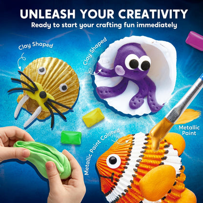 Seashell Painting Craft Kit with 12 Shell Forms, Glow-Labeled Paints, Brushes, Gems and Stickers