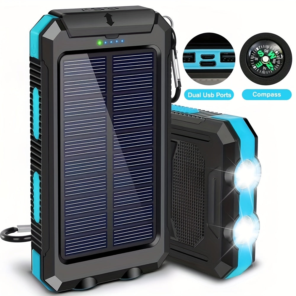 Solar Power Bank, 29800mAh Dual-USB 5V Charger with Solar Panel, Dual LED Flashlight, Compass and Eight Color Options