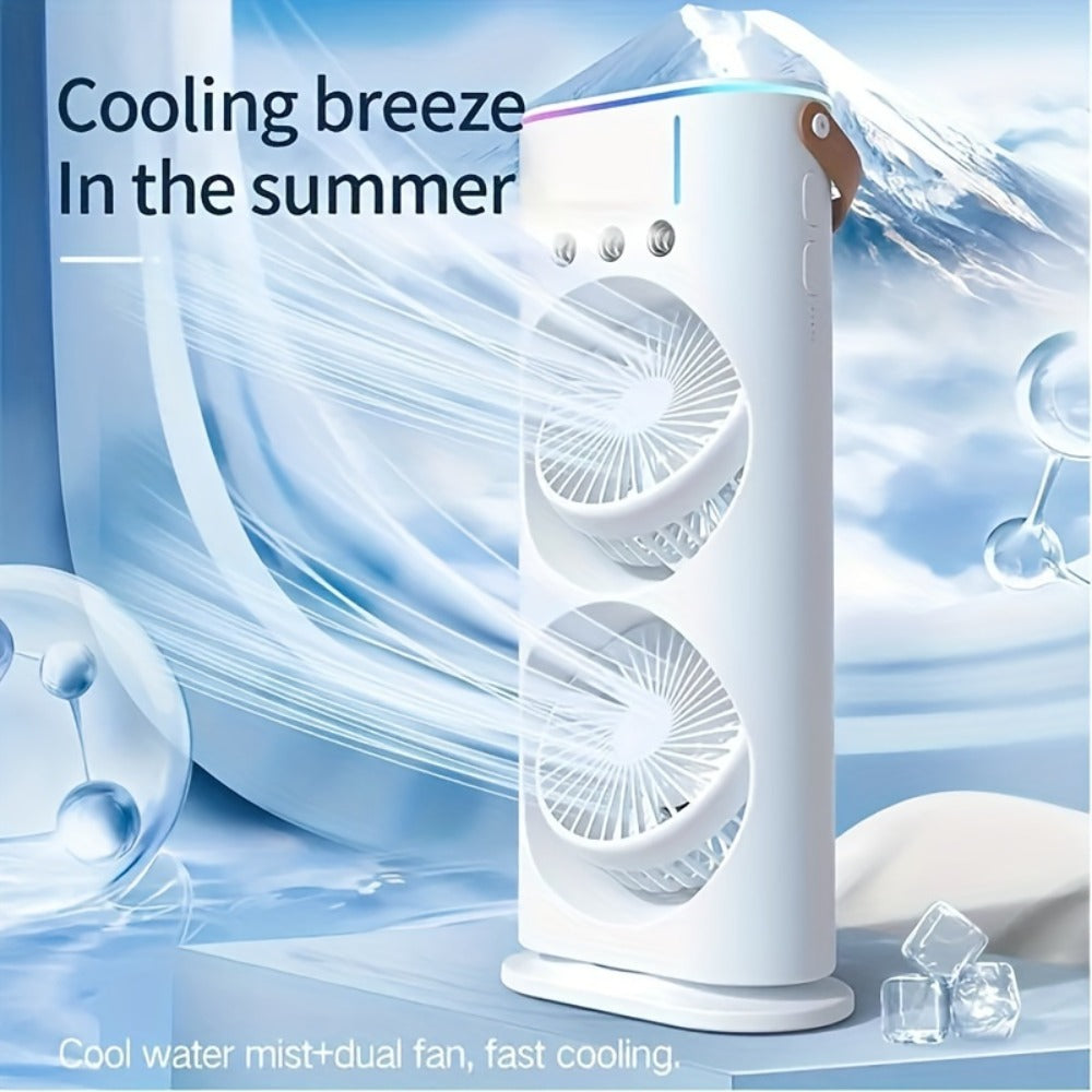 Dual-Head Misting Fan with Top-Fill Reservoir, Adjustable Heads, Spray Control and USB Rechargeable Power
