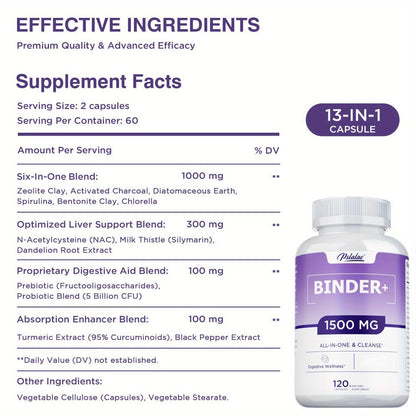 Dietary Supplement 13-in-1 Binder Capsules with Activated Charcoal, Zeolite and Bentonite Clay, 120 Count