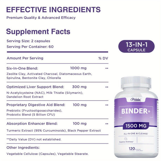 Dietary Supplement 13-in-1 Binder Capsules with Activated Charcoal, Zeolite and Bentonite Clay, 120 Count