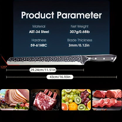 Long Brisket Slicing Kitchen Knife with 11.51-Inch Pictured Blade, Granton Edge and Wood-Tone Handle