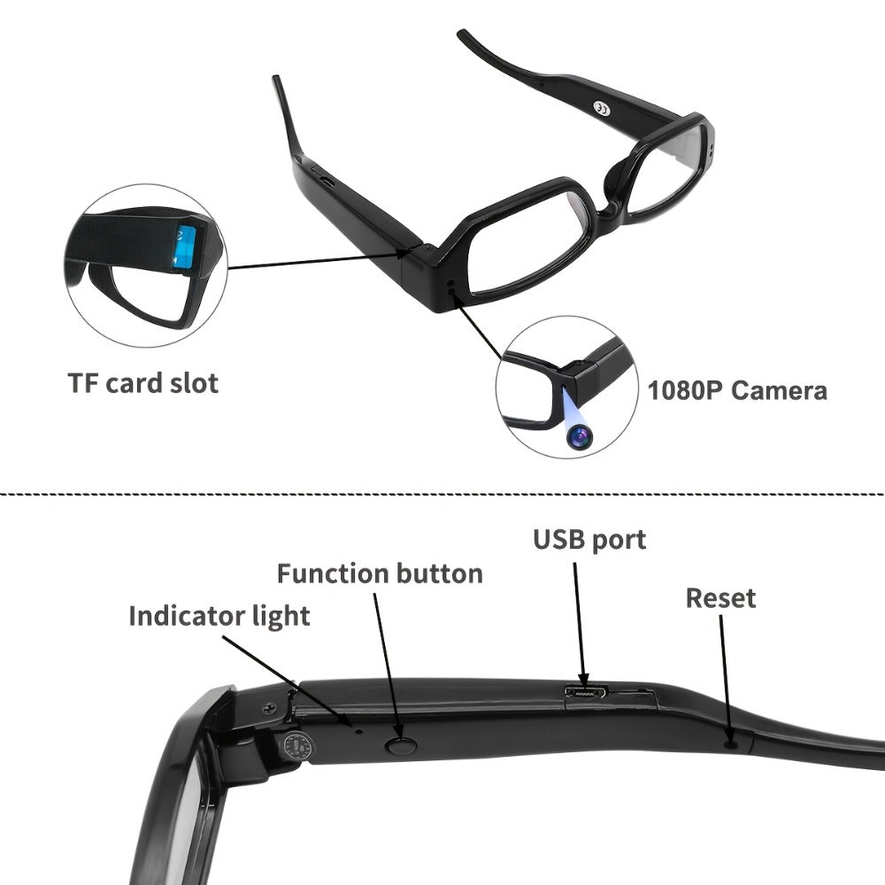 1080P HD Recording Glasses with TF Storage Card – Smart Camera Glasses, 65° Wide-Angle DV Video Recorder, Eye Protection Lenses, Long-Lasting Battery, Portable Wearable Camera for Travel, Sports & Everyday Use