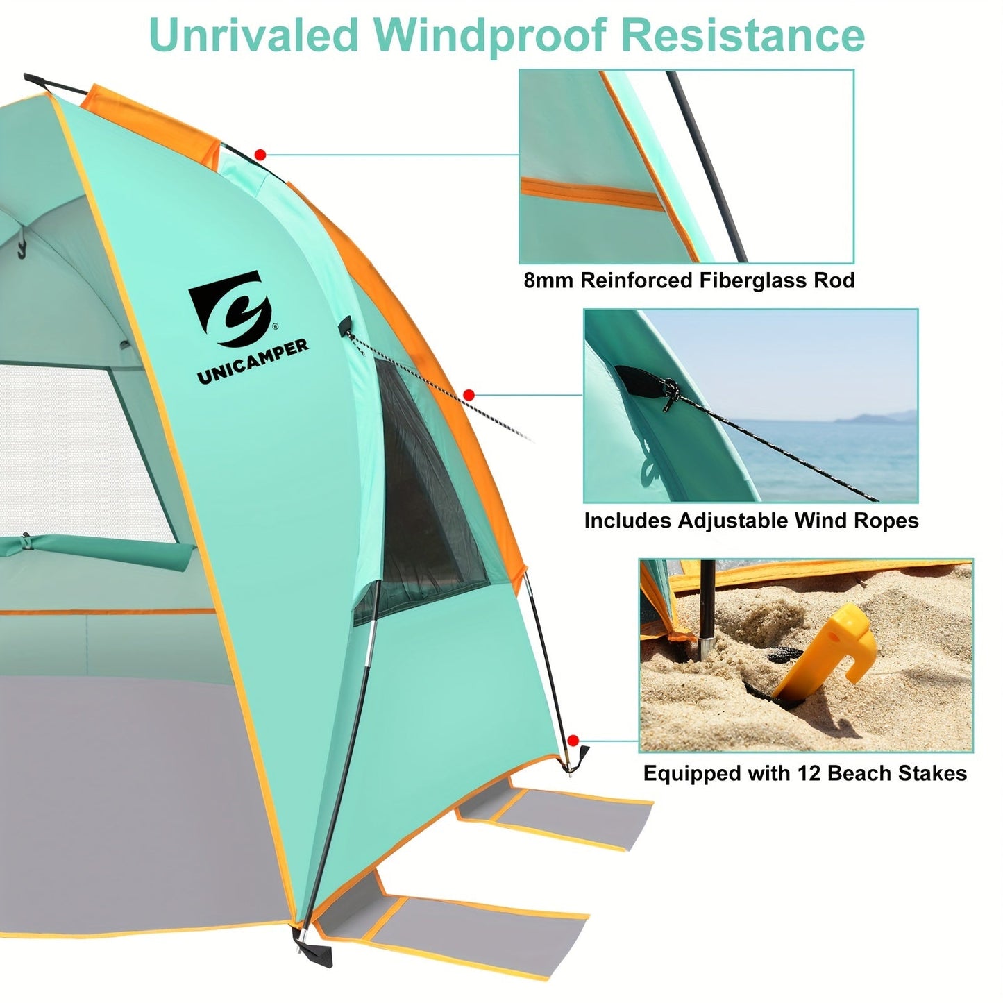 Three-Window Beach Sun Shelter with Extended Floor, 12 Stakes and Green or Blue Options Pictured