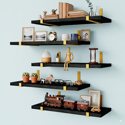 Five-Piece Rustic Floating Shelf Set with Black Metal Brackets in Light Brown, Dark Brown or Black-Gold Finishes