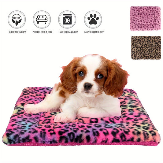 Reversible Plush Pet Mat Leopard Print Fleece Soft Warm Dog Cat Bed Pad Anti-Slip Machine Washable for Crate Car Sofa Floor Small Medium Large Breeds S M