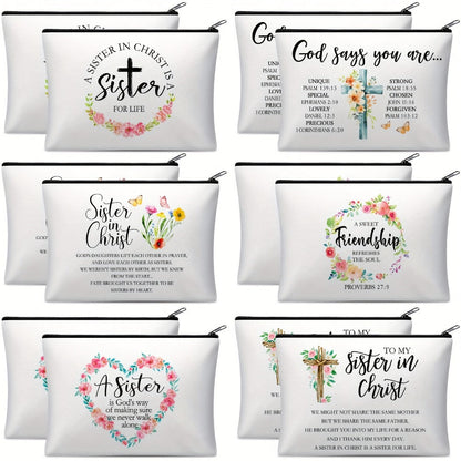Twelve-Piece Faith-Themed Makeup Bag Set with Six Printed Designs, Mixed Colors and Black Zippers