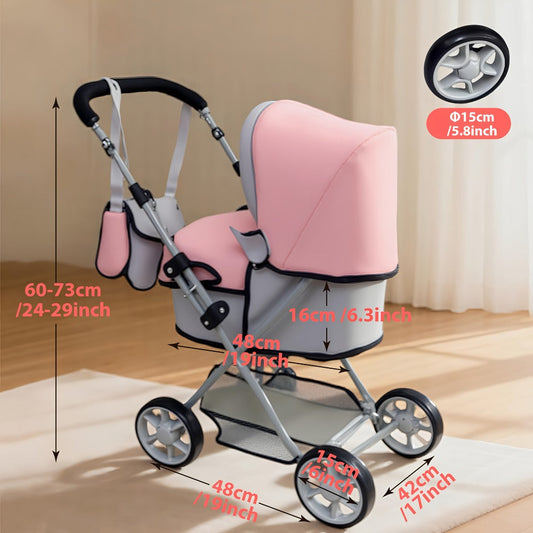 Foldable Doll Stroller with Adjustable Handle 39-68cm – Grey & Pink Baby Doll Pram for 16-20 Inch Dolls, Storage Basket & Shoulder Bag Included, Ergonomic Role-Play Gift for Girls Ages 3+