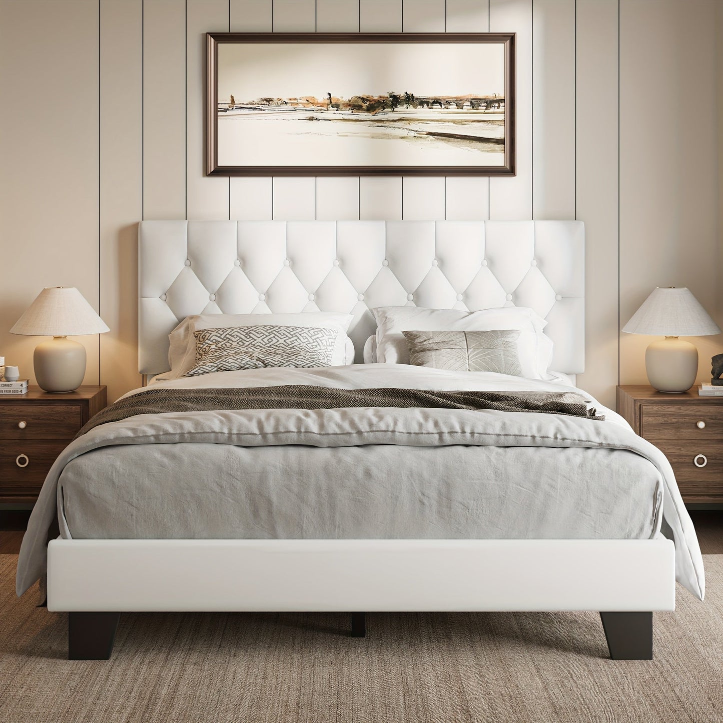 Bed Frame shown in the White-Full, Button Tufted option