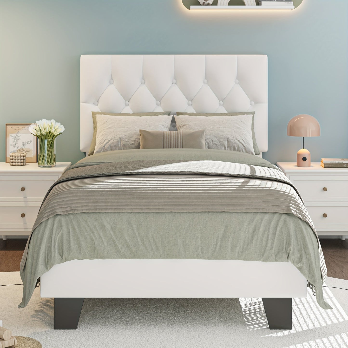 Bed Frame shown in the White-Twin, Button Tufted option
