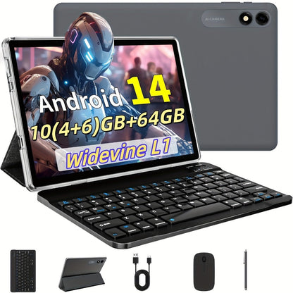 Android Tablet 10-Inch with Android 14, Octa-Core CPU, Dual-Band WiFi and Keyboard Mouse Bundle