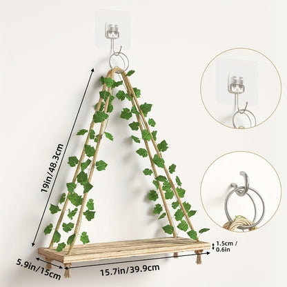Hanging Wall Shelf Set with Macrame-Style Ropes, Artificial Ivy, LED Light Strands and 2- to 4-Piece Options