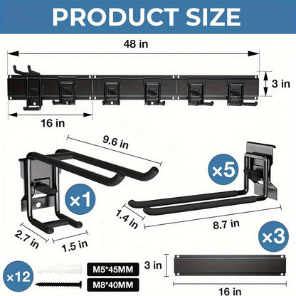 Garage Tool Organizer Wall Mount 48", Pegboard with Adjustable Swivel Hooks, 1 Double Hook & 5 Straight Hooks