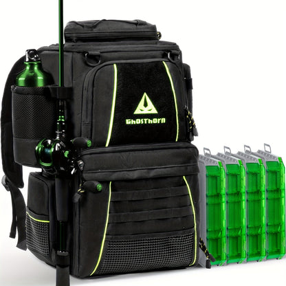 Large Fishing Tackle Bag with 4 Tackle Boxes – 43L Backpack with Rod Holder, Detachable Waist Pack & Gear Storage for Men Women | Black, Khaki & Camo