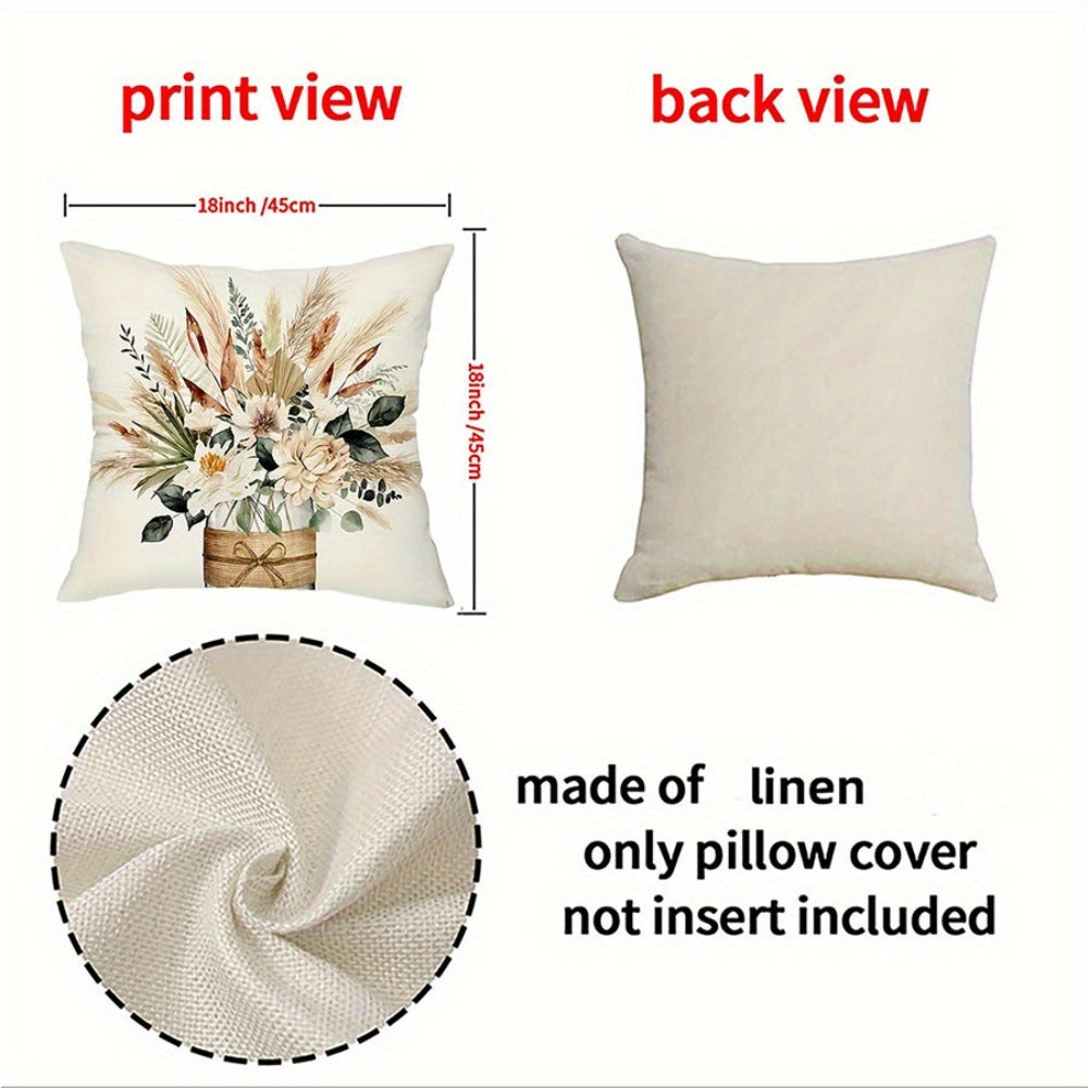 Four-Piece Botanical Farmhouse Pillow Cover Set in 18 x 18-Inch Size with Inserts Not Included