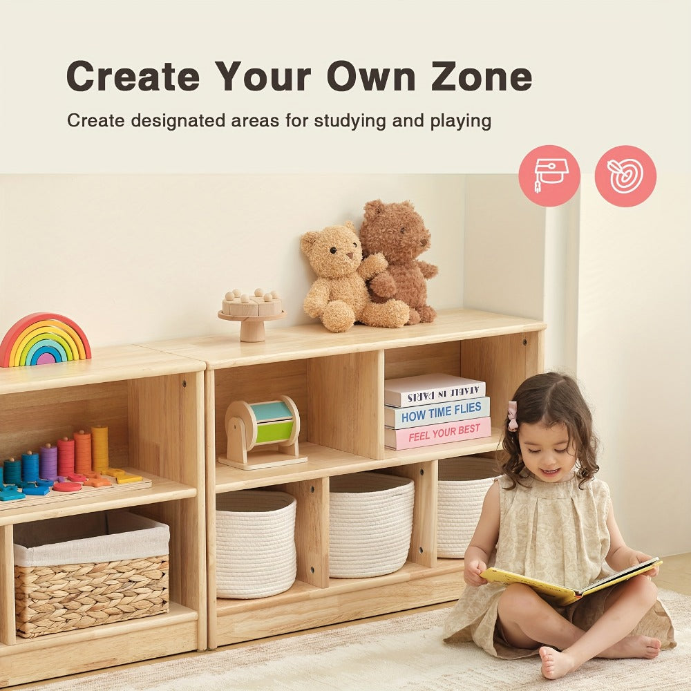 Rubber Wood 5-Compartment Bookshelf 35.4", 2-Tier Wooden Storage Cabinet for Classroom, Playroom & Preschool