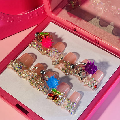Press On Nails Handmade Y2K Duckbill Set with 3D Eye Barbell Star Rhinestone Charms and S M L Sizes