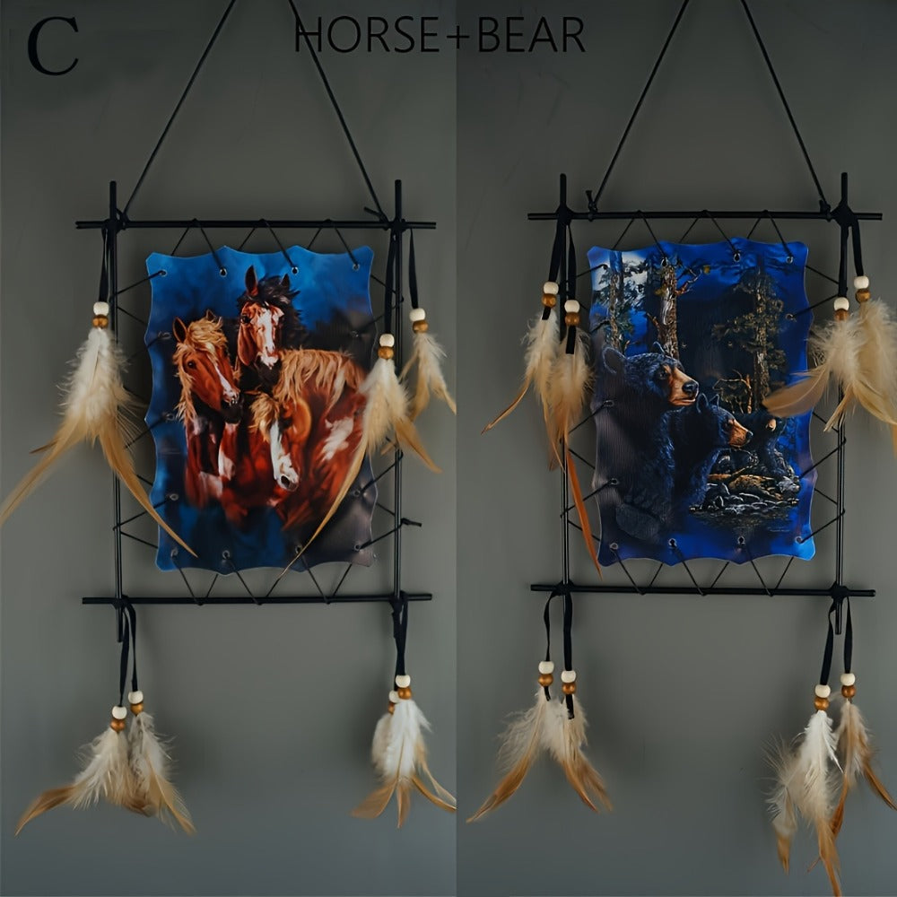 Two-Piece Animal Canvas Wall Hanging Set with Beads, Feathers and Three Wolf-Eagle Designs