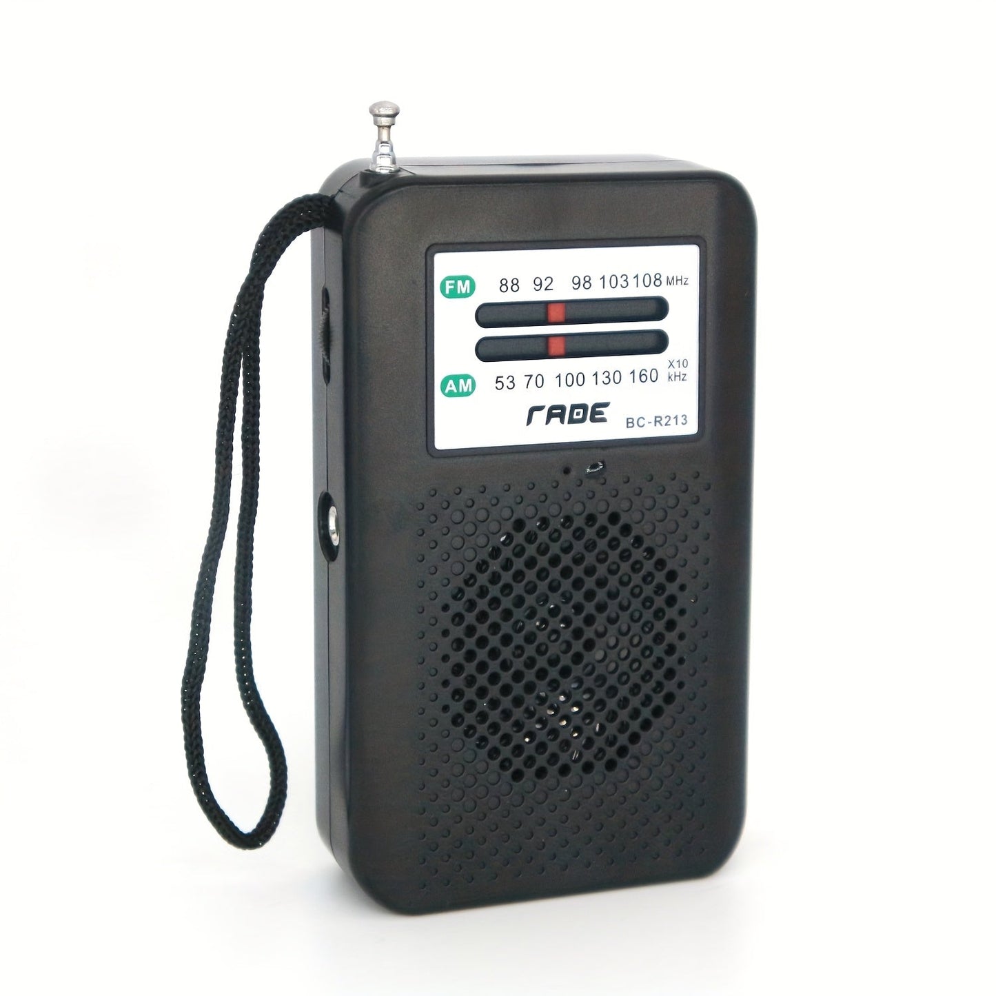Pocket AM/FM Radio with Manual Tuner, Telescopic Antenna, Wrist Strap and Pink or Black Case