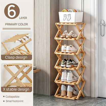 Foldable Bamboo-Labeled Shoe Rack with Six- or Eight-Tier Primary and Brown Checkout Options