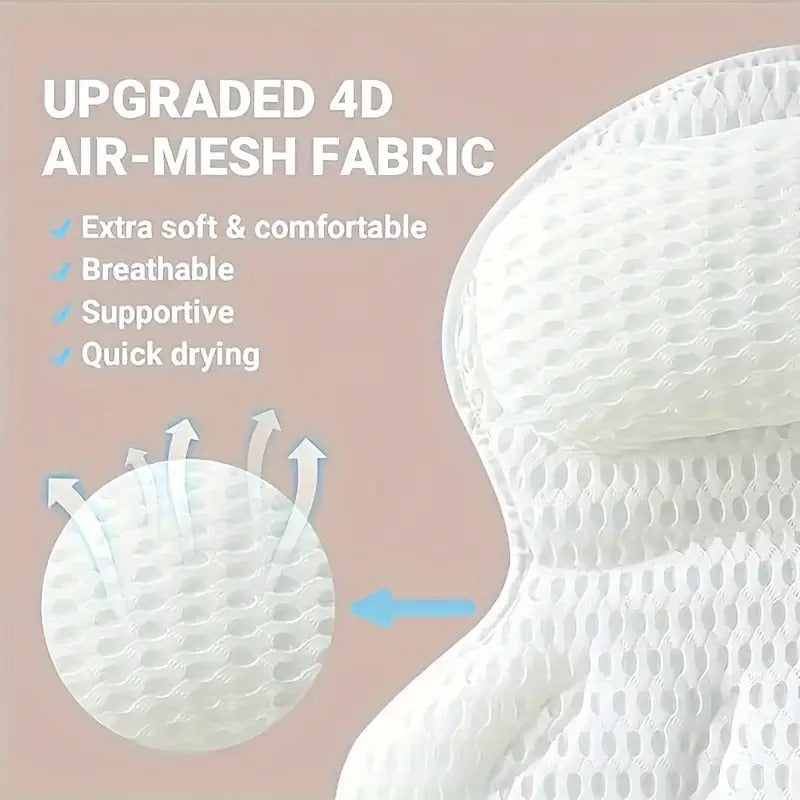 Contoured Bathtub Neck and Back Cushion with 4D Air Mesh, Suction Cups and White or Gray Finish