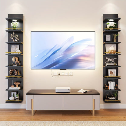 Floating Wall Shelves with LED Light - 6 & 8 Tier Wall Mounted Display Shelf Unit with Anti-Slip Rails for Bedroom, Living Room, Bathroom, Office & Dorm - Modern Space Saving Shelf (Black / White)