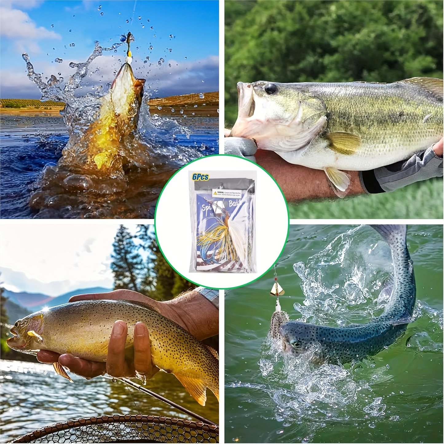 Fishing Lure Set 6-Piece Spinnerbait Buzzbaits, 3/4oz with Rotating Blades, Silicone Skirts and Single Worm Hooks