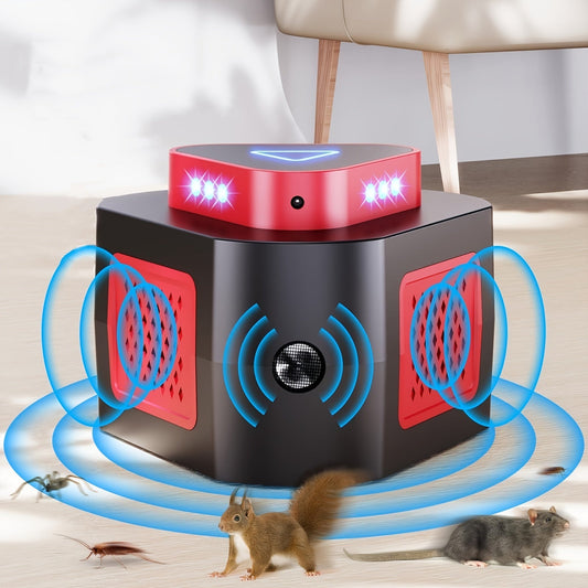 Plug-In Pest Repeller 4-in-1 – 360° Soundwave Coverage, Repels Mice, Rats, Cockroaches, Bats & Squirrels, Non-Toxic Safe Solution for Garage, Home & Office