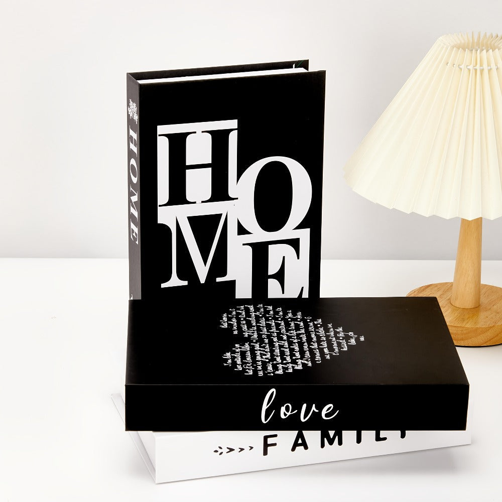 Three-Piece Black Decorative Faux Book Set with HOME, FAMILY and LOVE Lettering for Shelf or Coffee Table Display