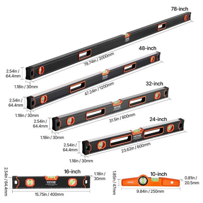 Six-Piece Magnetic Spirit Level Set with 10, 16, 24, 32, 48 and 78-Inch Aluminum Measuring Bars
