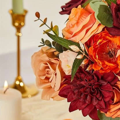 Artificial Flowers Bouquet Set – Foam Roses for Wedding, Fall Halloween Valentine's Day Table Decor, Orange Wine Red Blue