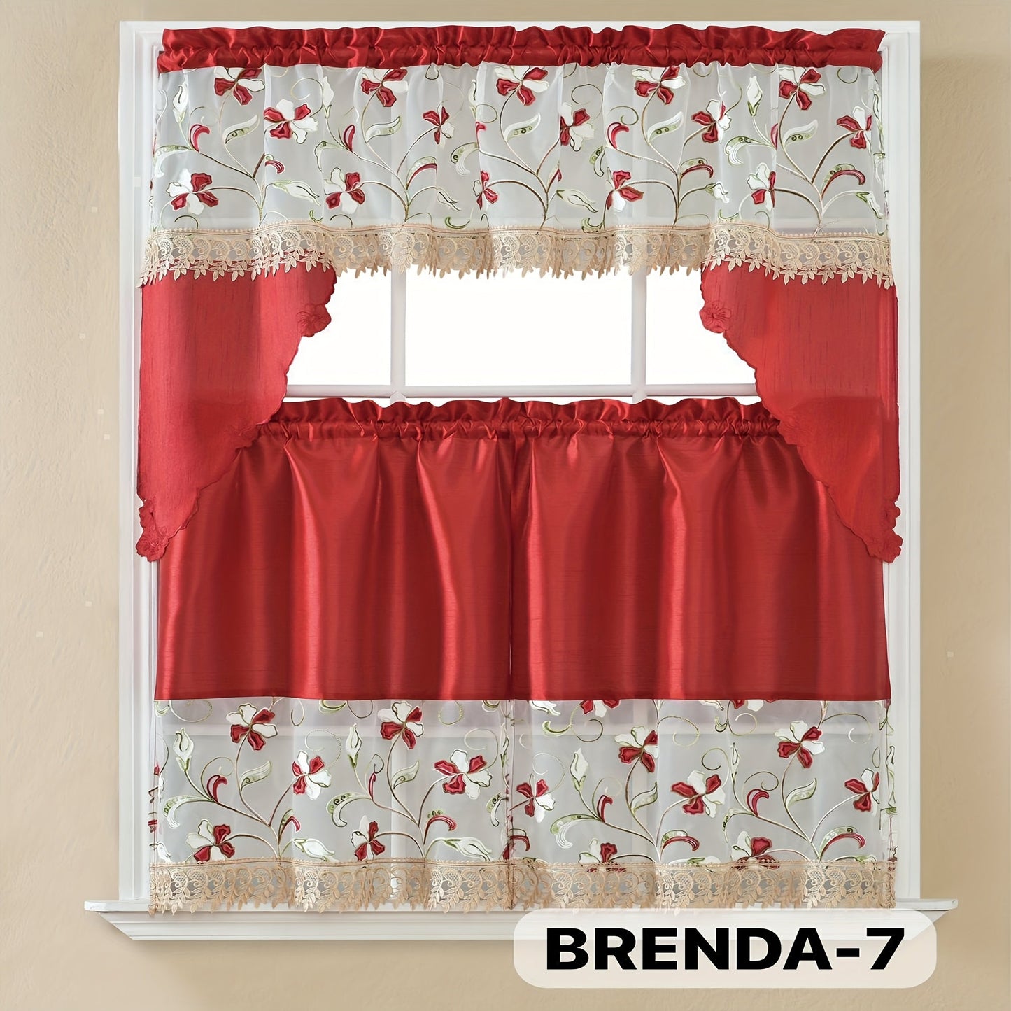 Three-Piece Patterned Kitchen Curtain Set with One Valance, Two Tiers and Forty-Six Exact Design Options