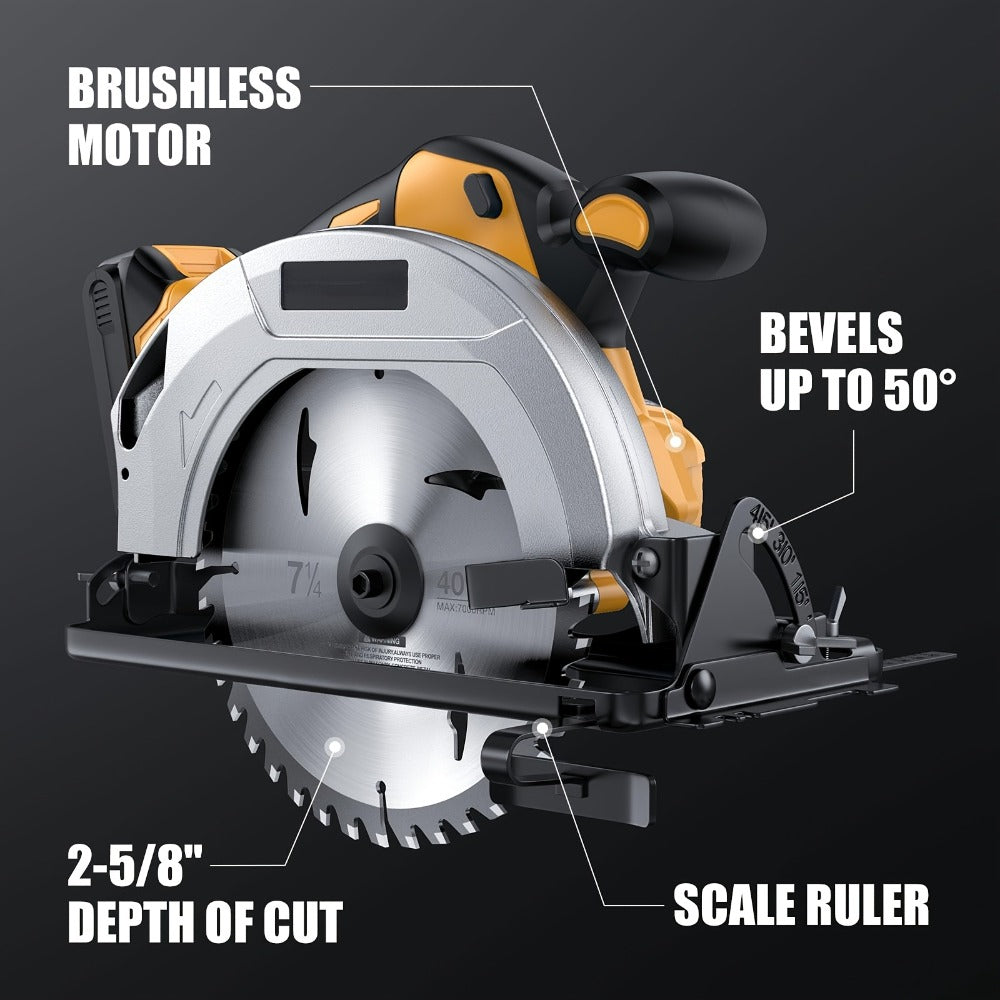 Cordless Circular Saw Compatible with DeWalt 20V MAX Battery | 7-Inch Brushless Electric Saw, 0-50° Bevel, 2 Blades Included – Woodworking, Stone & Plastic Cutting