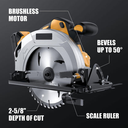 Cordless Circular Saw Compatible with DeWalt 20V MAX Battery | 7-Inch Brushless Electric Saw, 0-50° Bevel, 2 Blades Included – Woodworking, Stone & Plastic Cutting