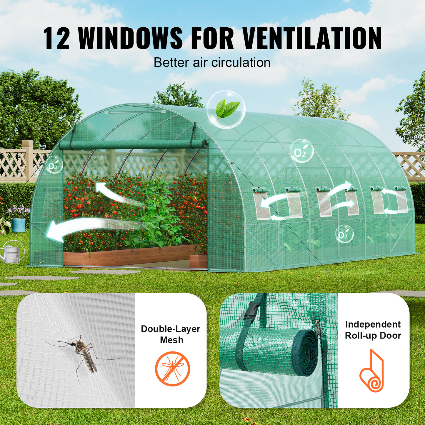 10- to 20-Foot Tunnel Greenhouse with Green Cover, Roll-Up Door and Size-Specific Vent Windows