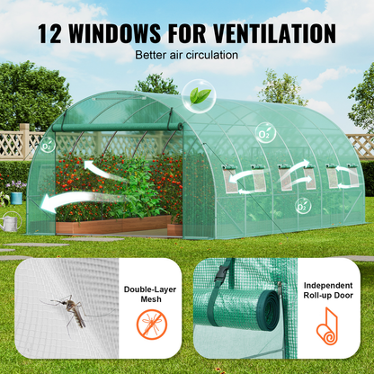 10- to 20-Foot Tunnel Greenhouse with Green Cover, Roll-Up Door and Size-Specific Vent Windows