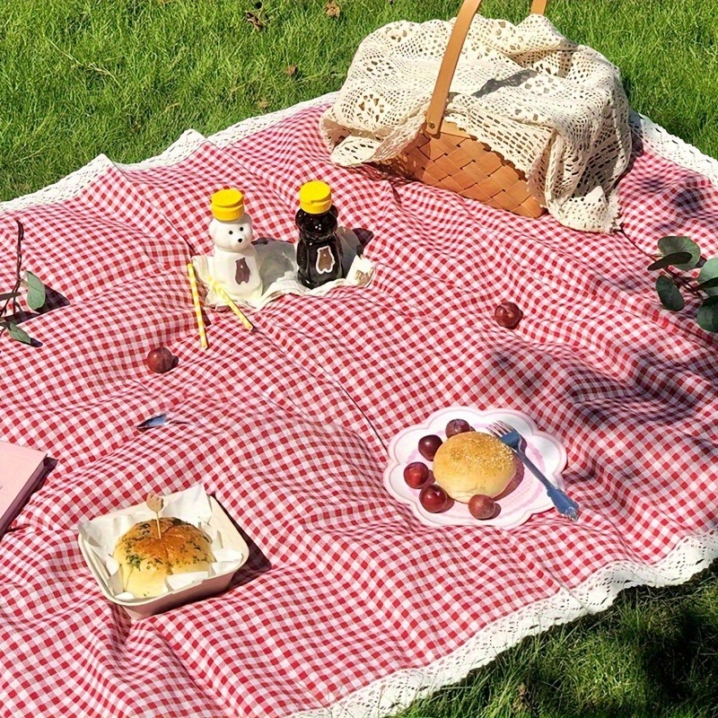 Tablecloth in Red Gingham Plaid with White Lace Edge for Picnic, Camping and Photo Backdrop Use