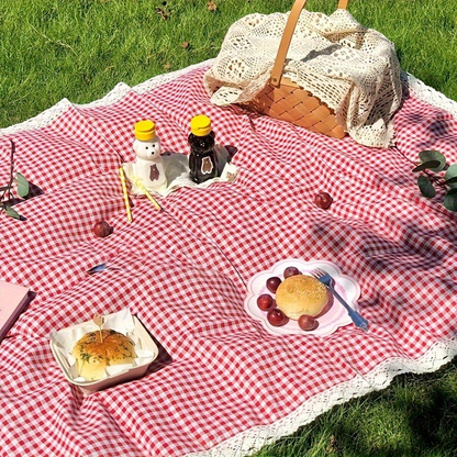 Tablecloth in Red Gingham Plaid with White Lace Edge for Picnic, Camping and Photo Backdrop Use