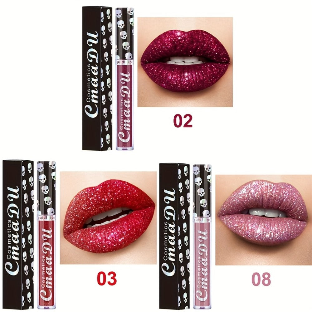 Three-Piece Skull-Design Glitter Lip Gloss Set with Nine Exact Color Combination Checkout Options