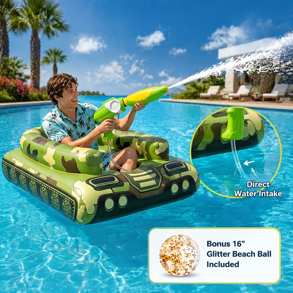 Ride-On Inflatable Pool Floats in Yellow Duck or 60-Inch Green Tank Styles with 16-Inch Beach Ball