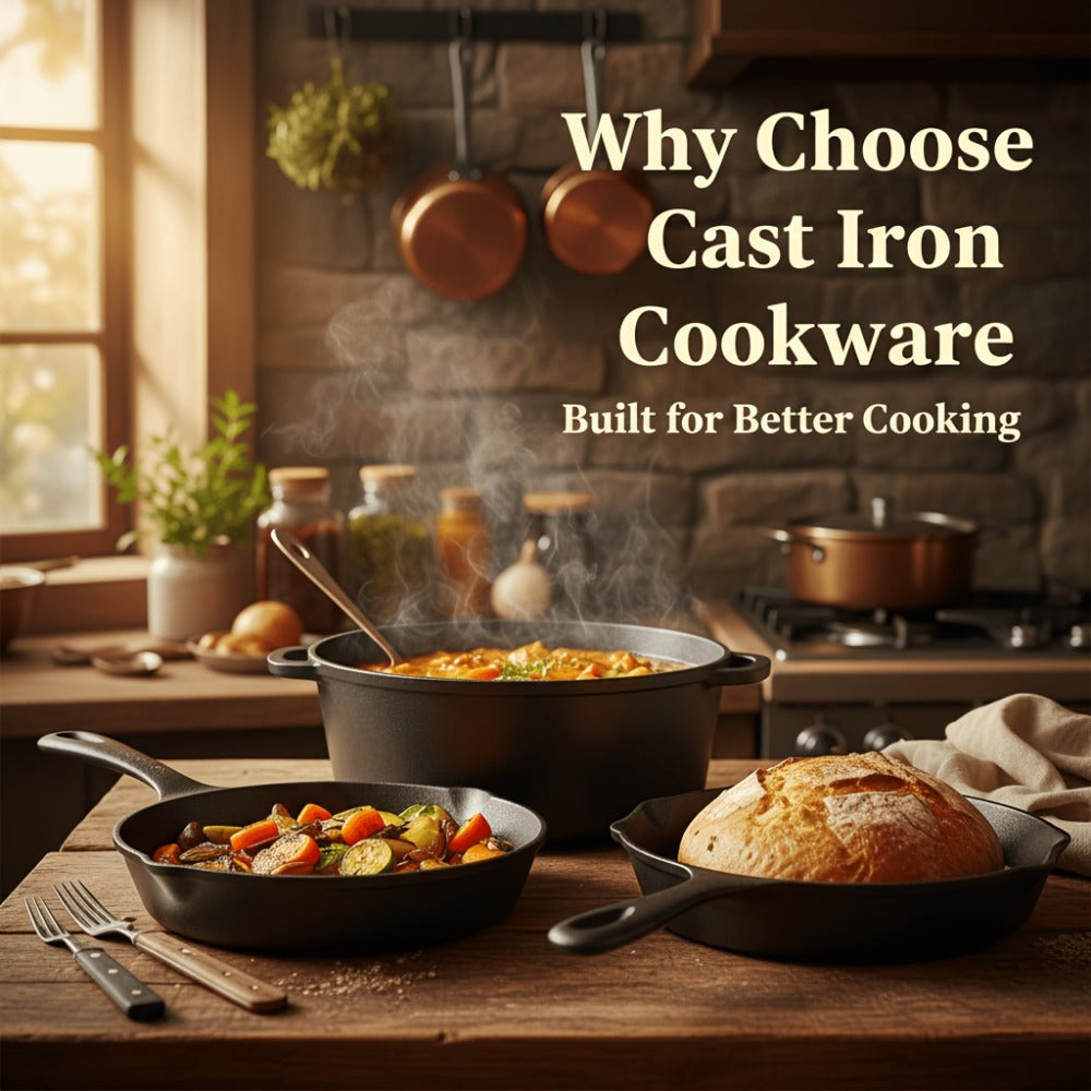 Cast Iron Cookware Collection with Eight Skillet, Dutch Pot, Griddle, Baking Tray and Set Configurations