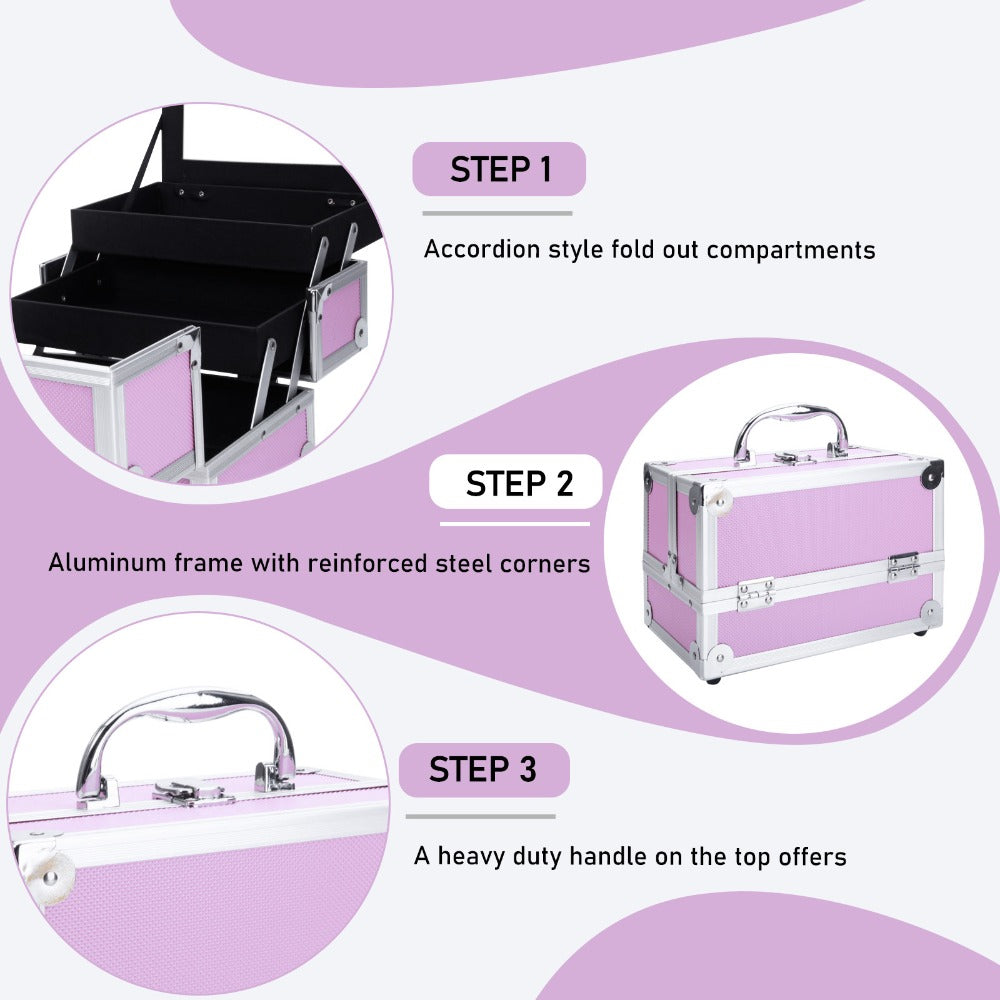 Tabletop Makeup Carry Case with Mirror, Fold-Out Trays and Dividers in Black, Silver or Pink