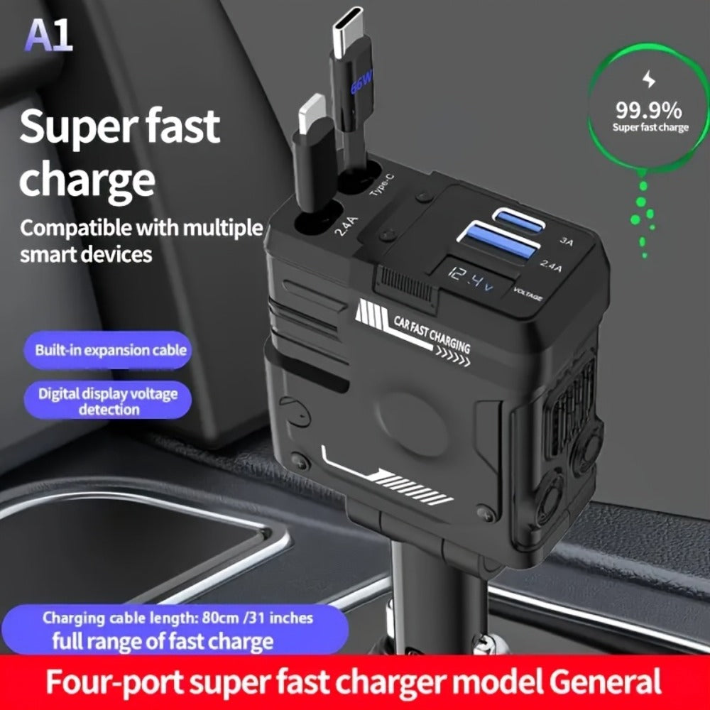 Dual Retractable Cable Car Charger 4-in-1 with Lightning & Type-C 31in, 2 USB-A Ports & Voltage Supervision – Tangle-Free Fast Car Phone Charger for iPhone Samsung Android, Multi Port Car Charging Adapter 4 Colors