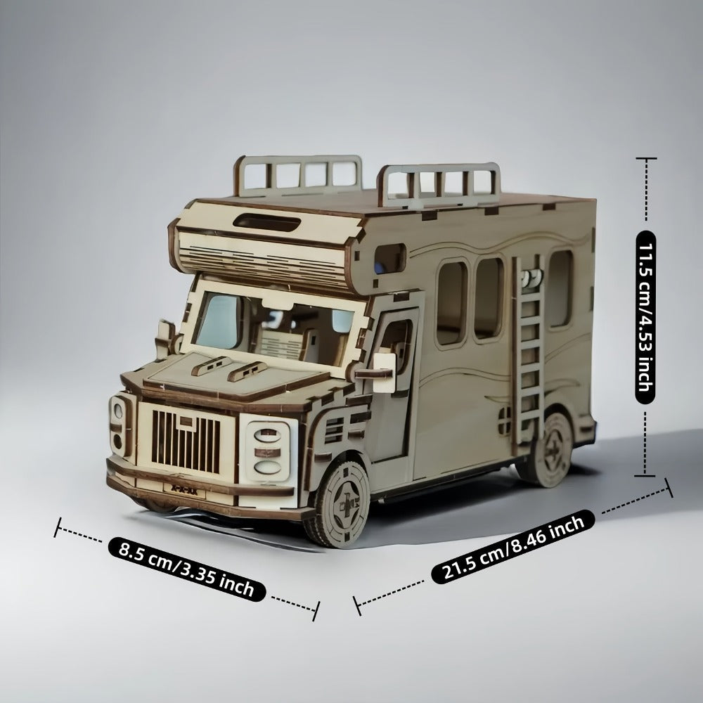 Wooden RV 3D Puzzle Model Kit with Motorhome Body, Fold-Out Side Panels and Miniature Camping Furniture